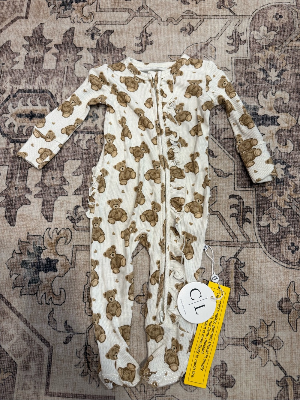 Caden Lane Beary Sweet bamboo waffle ruffle footie—3-6 months